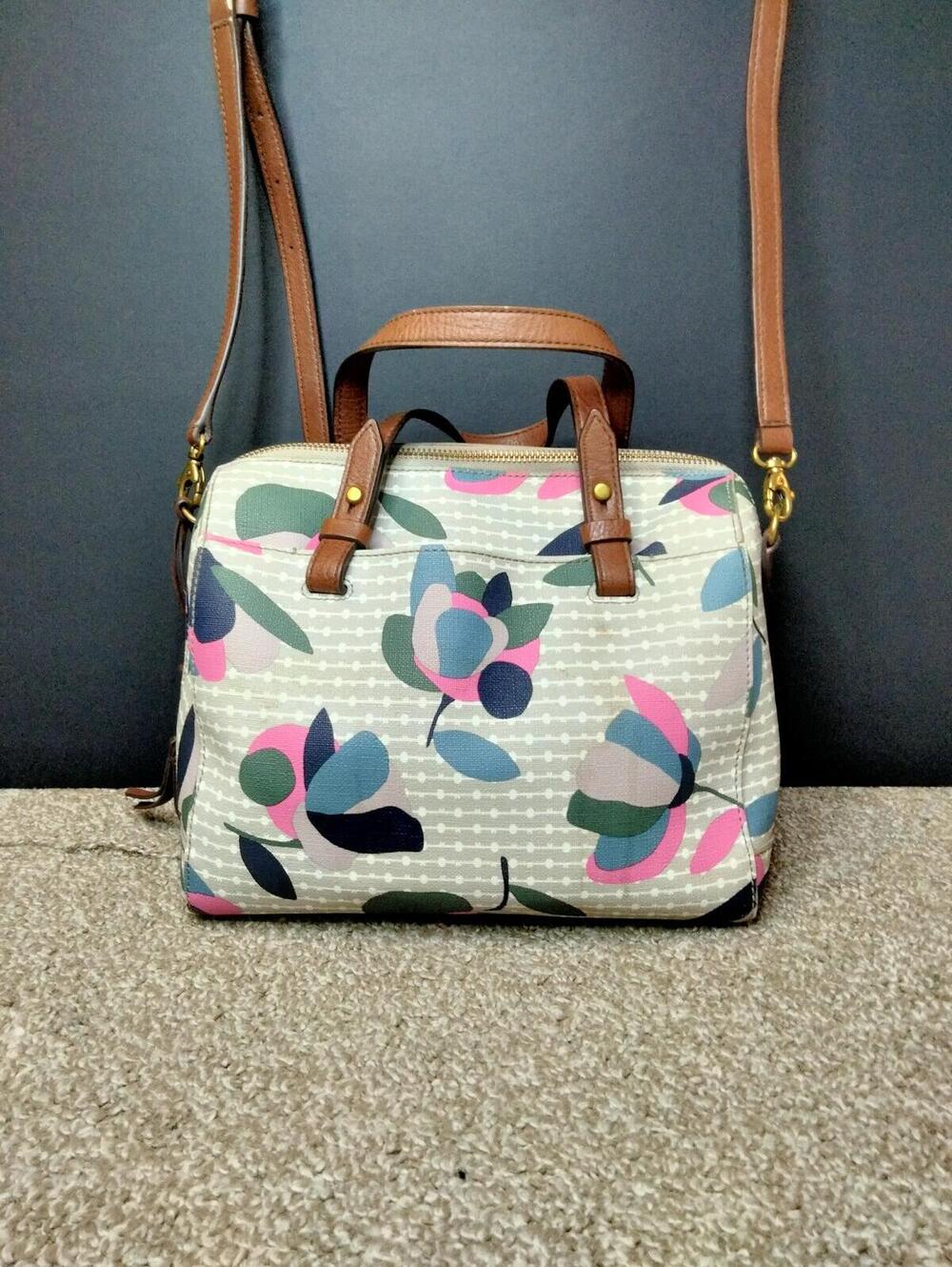 Fossil Ratchel Satchel Crossbody Bag Purse - Floral Mulit White - Leather